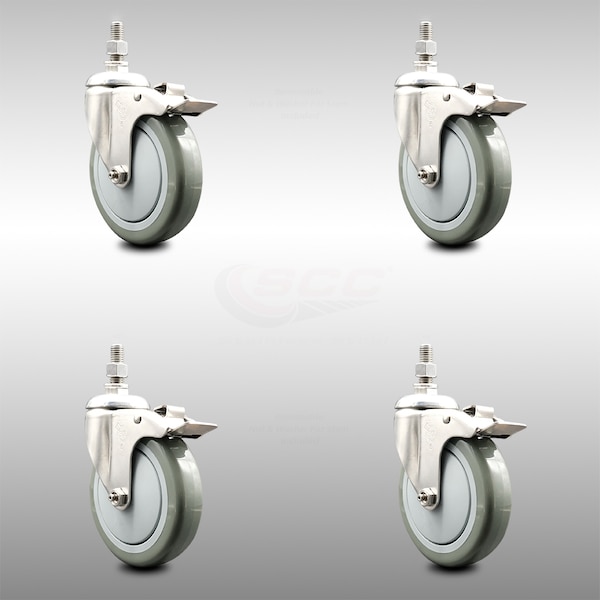 Service Caster 5 Inch 316SS Gray Polyurethane Wheel Swivel 1/2 Inch Stem Caster Set Lock Brake SCC-SS316TSTTL20S514-PPUB-121315-4 - main